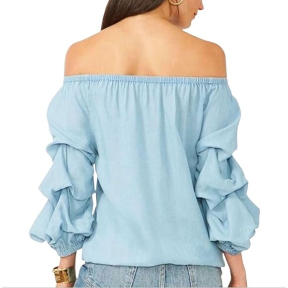 Distressed Chambray Off The Shoulder Tiered Balloon Sleeve Top in Light Blue - Picture 2 of 10